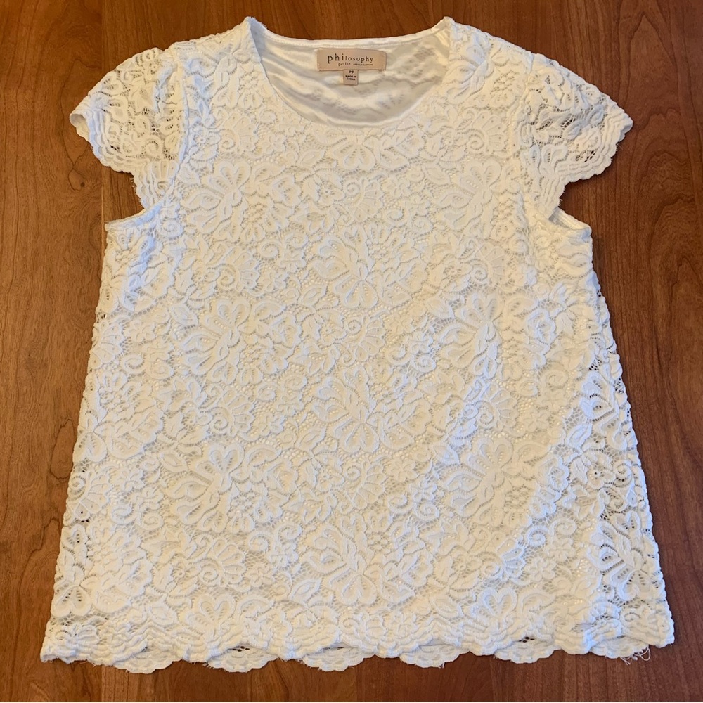 Philosophy Petite Floral Lace Cap Sleeve Short Sleeve White Top Petite XS